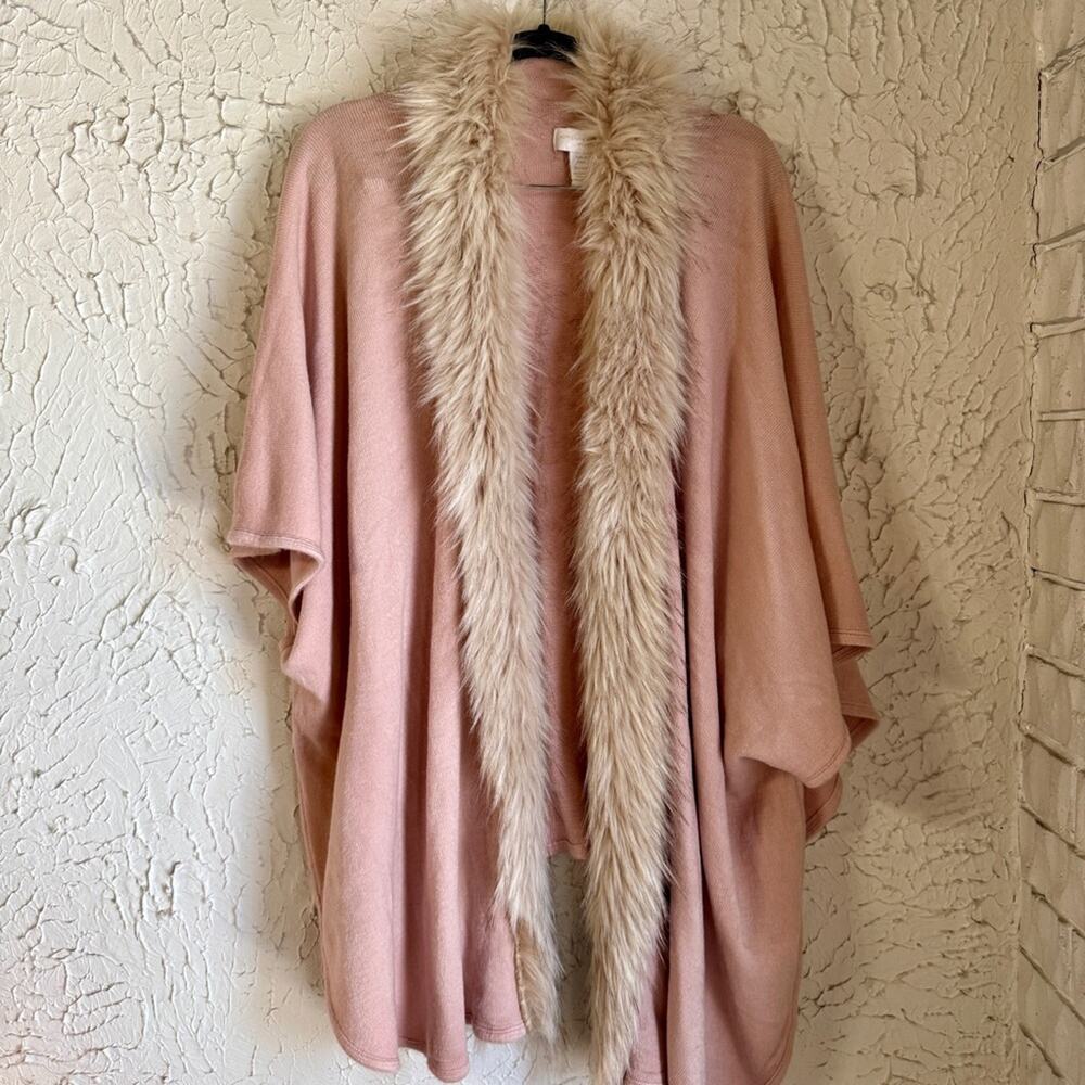 Adrienne Vittadini Pink Poncho with Faux Fur Trim